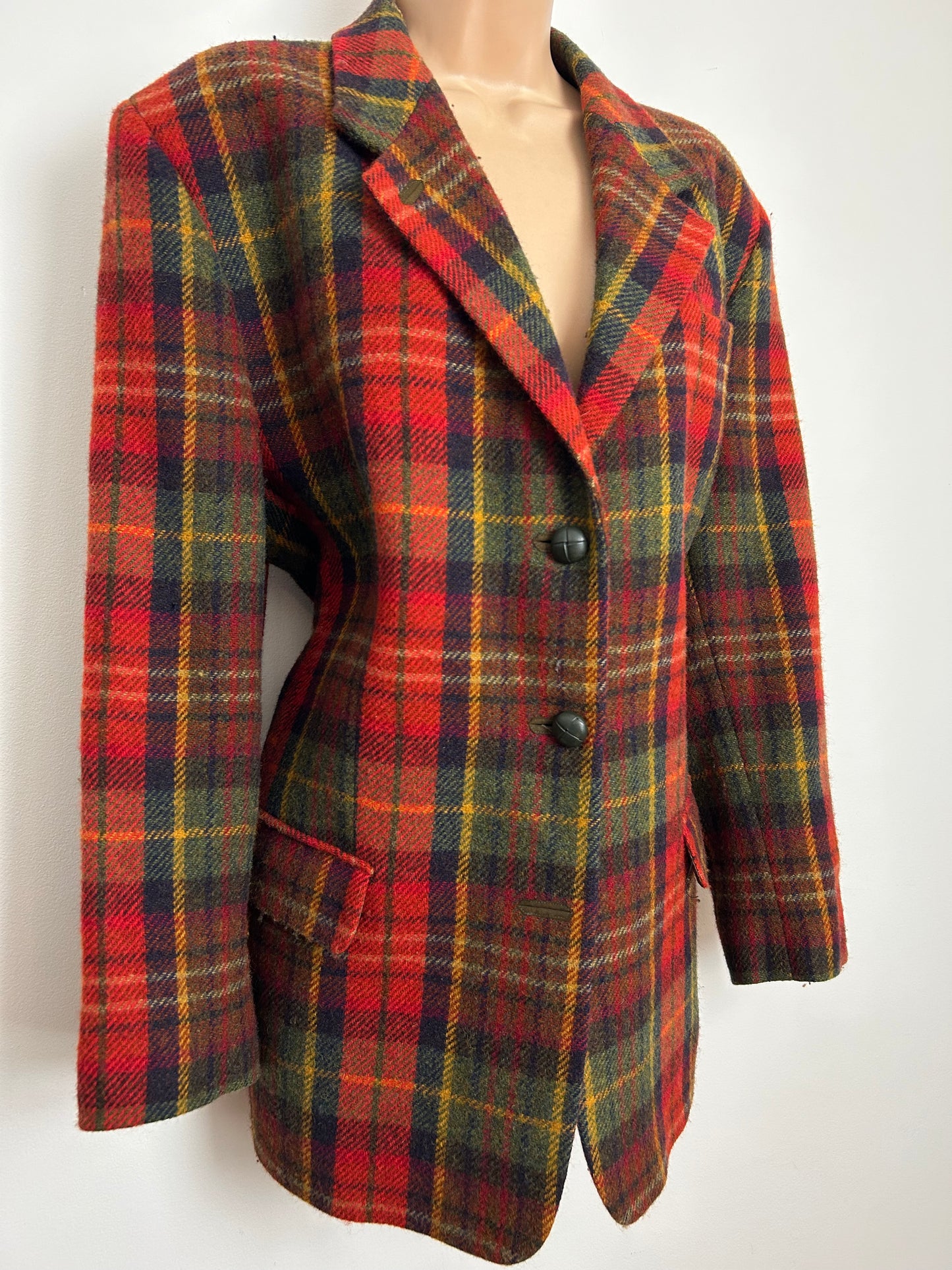 Vintage DAKS SIGANTURE Size 14-16 Red Green & Yellow Tartan Check Wool Blazer Jacket With Elbow Patches