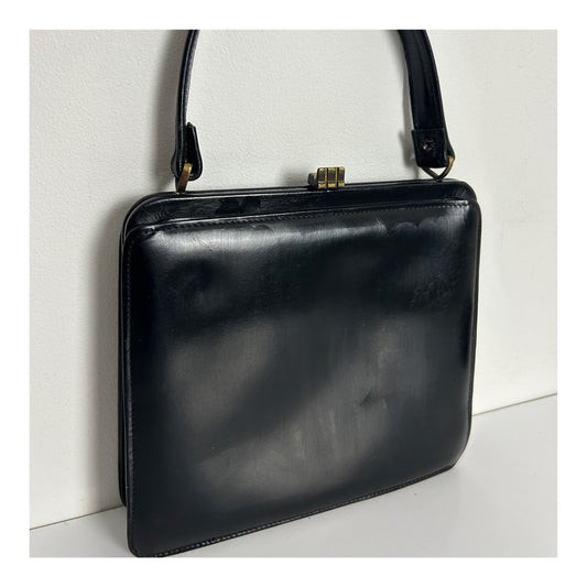 Vintage 1950s Black Leather Kelly Style Handbag With Suede Lining (Few issues)