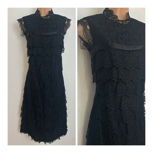 Vintage 1960s POLLY PECK BY SYBIL ZELKER Size 6-8 Black Lace Layered Satin Ribbon Trim Evening Shift Dress