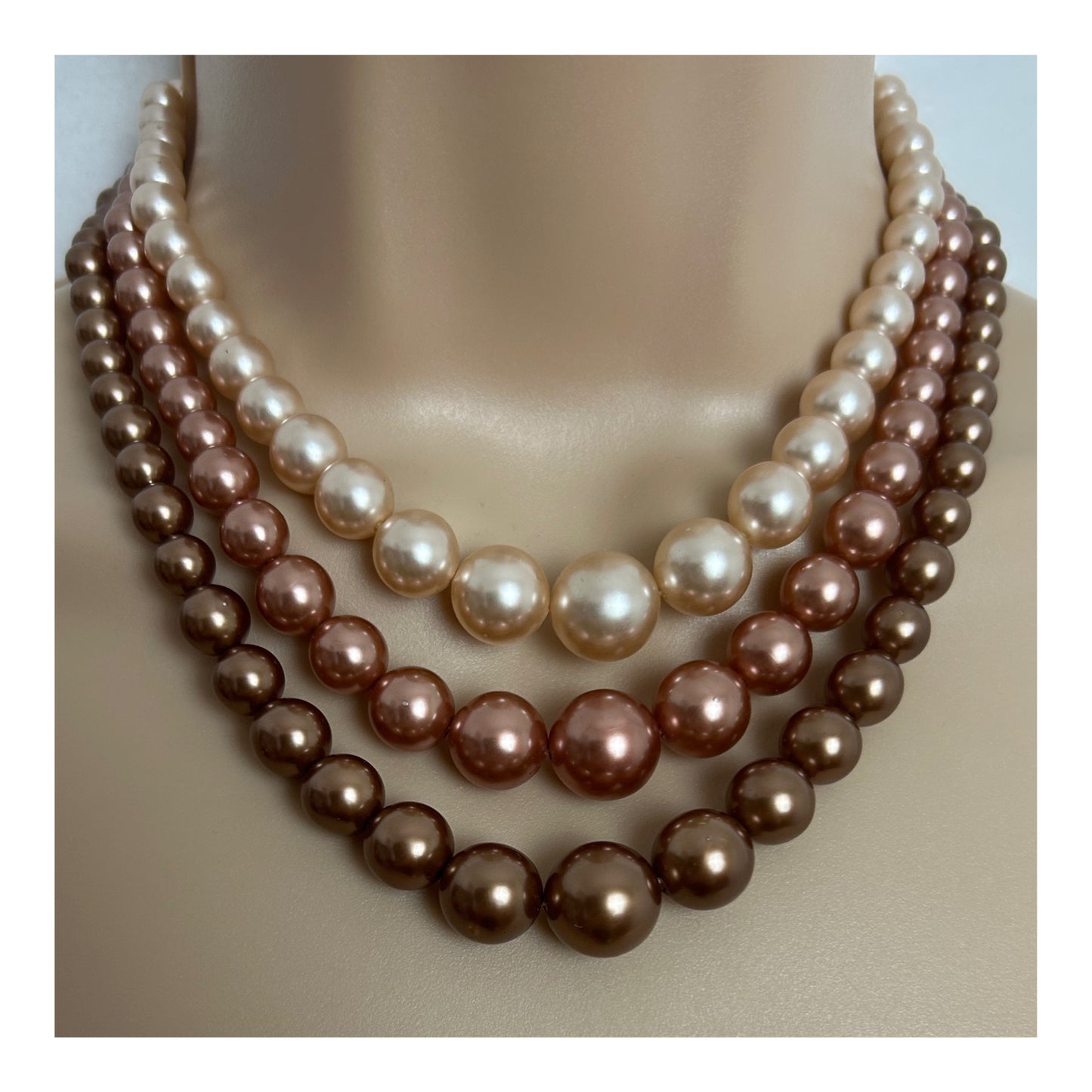 Vintage Bronze & Rose Gold Plastic Faux Pearl Graduated Bead Triple Strand Necklace
