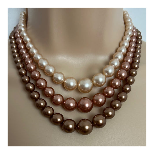 Vintage Bronze & Rose Gold Plastic Faux Pearl Graduated Bead Triple Strand Necklace