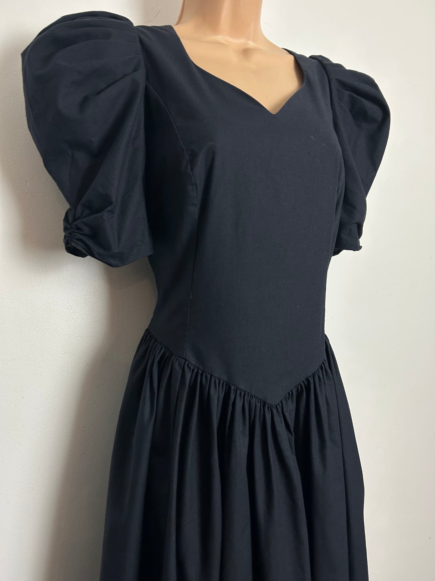 Vintage 1980s LAURA ASHLEY Size 12 (16 On Label) Black open Bow Back Puff Sleeve Midi Dress