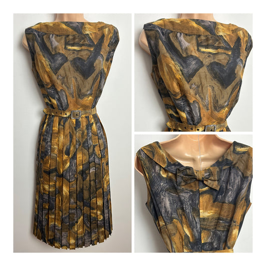 Vintage Late 1950s ELMOOR OF LONDON Size 12 Brown Grey & Beige Abstract Print Belted Pleated Dress