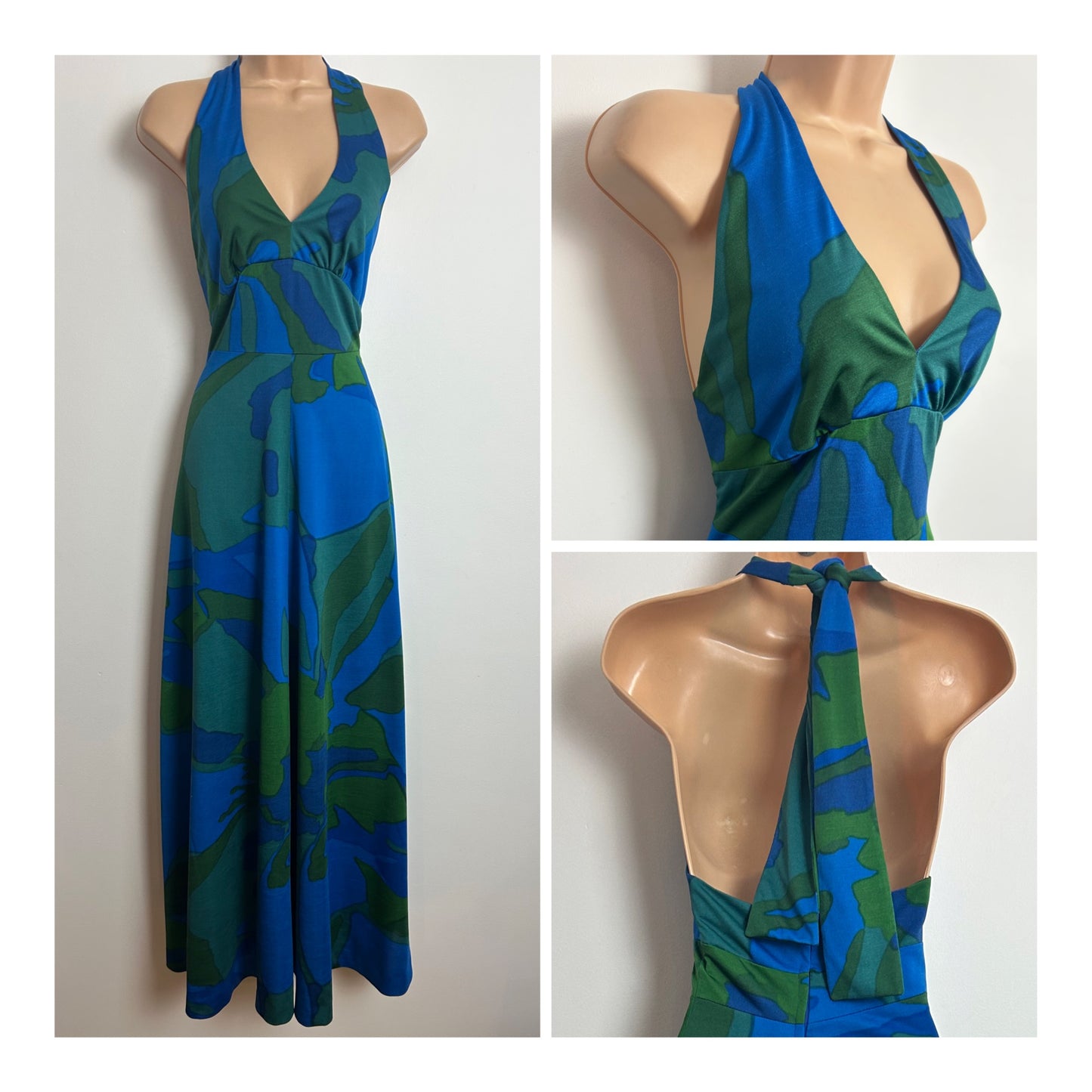 Vintage 1970s Size 6 BERNAT KELIN Blue & Green Abstract Print Halter Maxi Dress (Unlabelled)