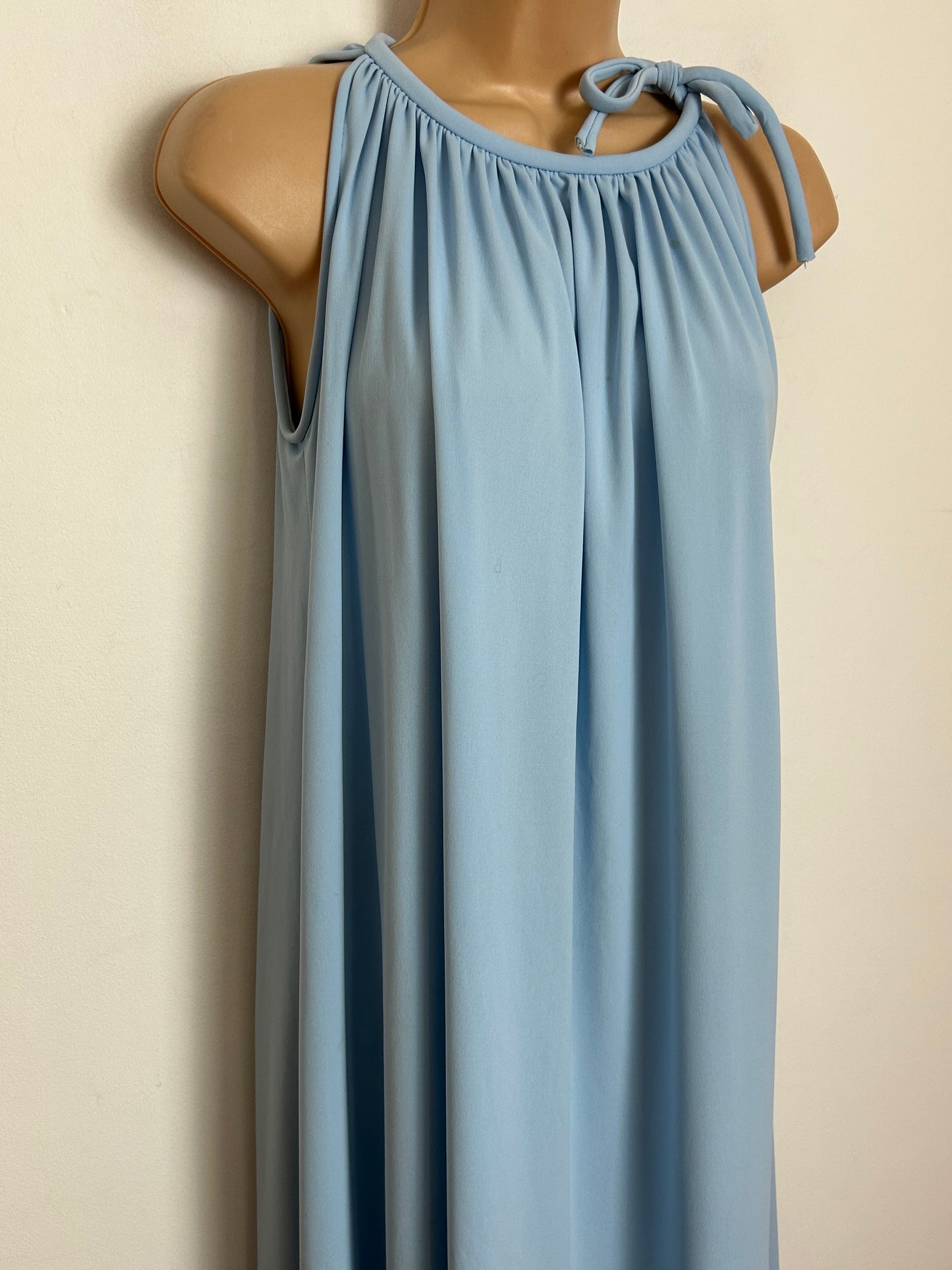 Vintage 1970s PETER BARRON Size 10 Powder Blue Tie Neck Trapeze Style Occasion Maxi Dress