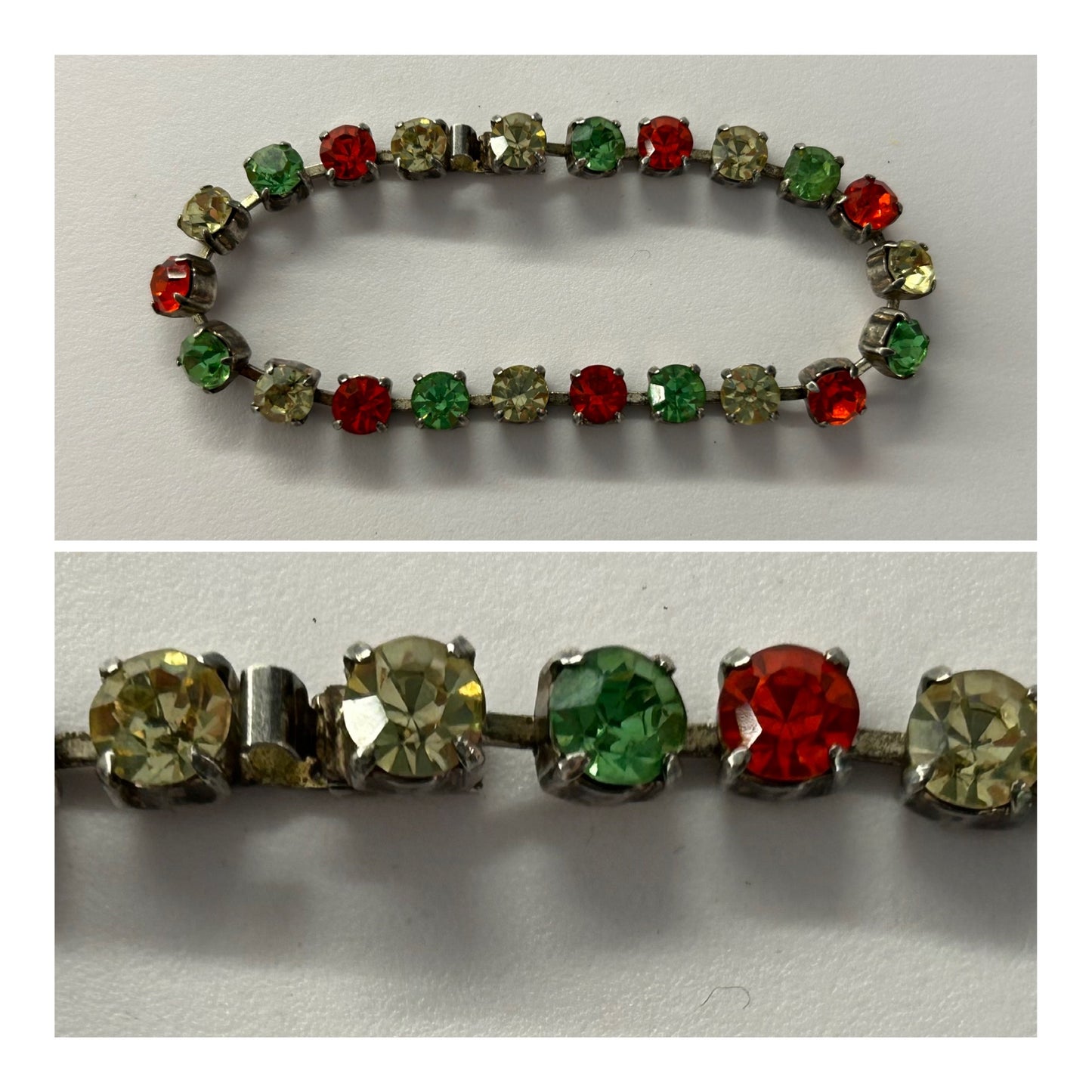 Vintage 1970s Silver Tone Bracelet Set With Green Red & Citrine Glass Stones.