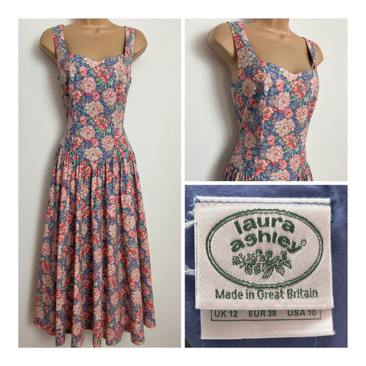 Vintage 1980s LAURA ASHLEY Size 10 Blue & Pink Tones Floral Print Cotton Midi Summer Dress
