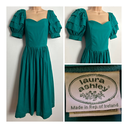 Vintage 1980s LAURA ASHLEY Made In Rep Of Ireland UK Size 10 (Size 14 On Label) Jade Green Short Puffed Sleeve Gather Pleated Cotton Dress