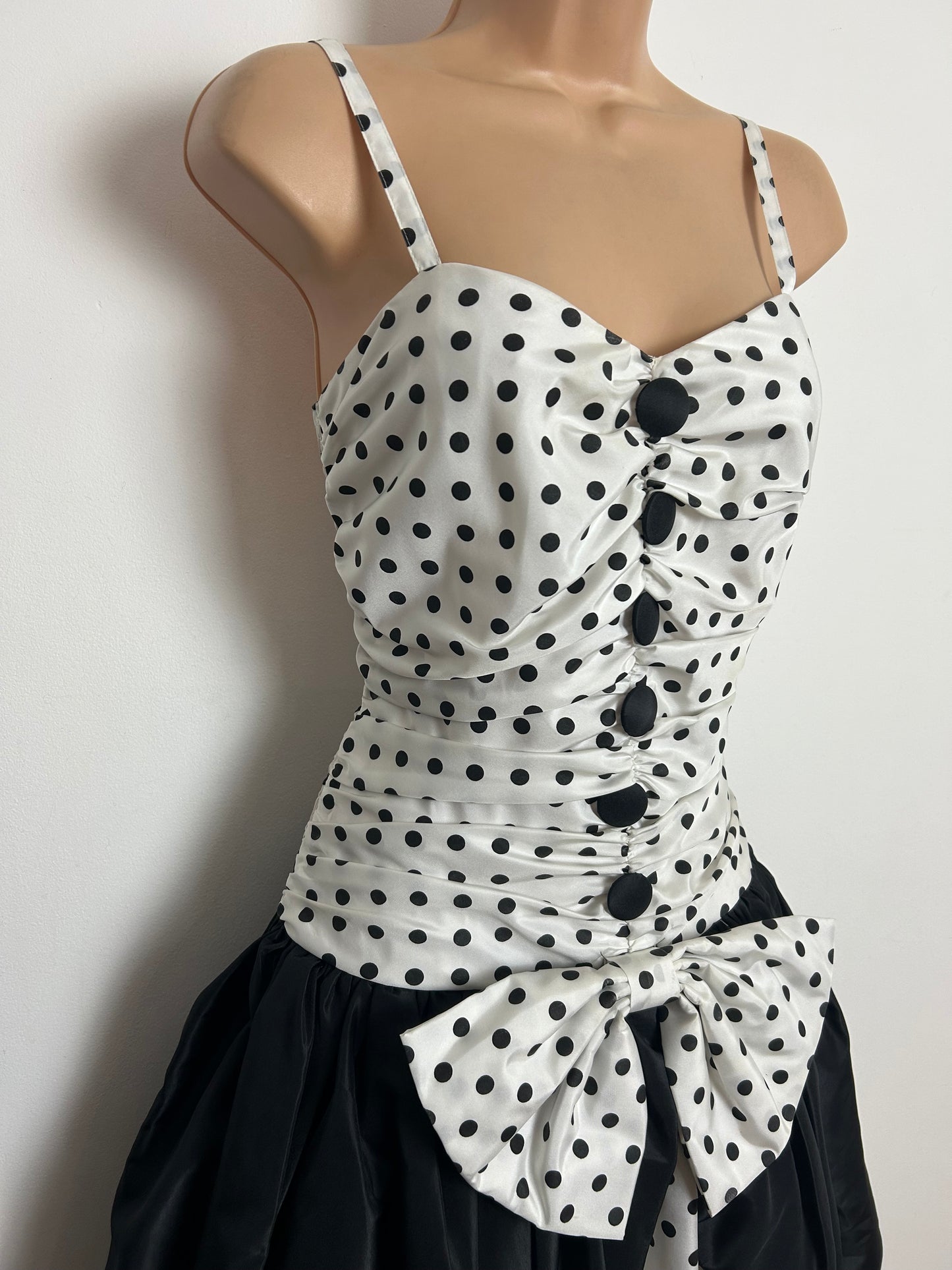 Vintage 1980s CREATION CHOU CHOU Size 10 White & Black Polka Dot Print Party Prom Dress