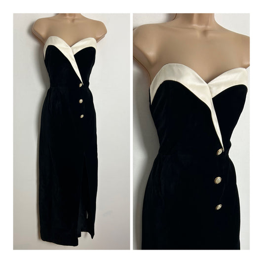 Vintage 1980s UK Size 8-10 Black & Ivory Velvet Strapless Cocktail Party Evening Maxi Dress