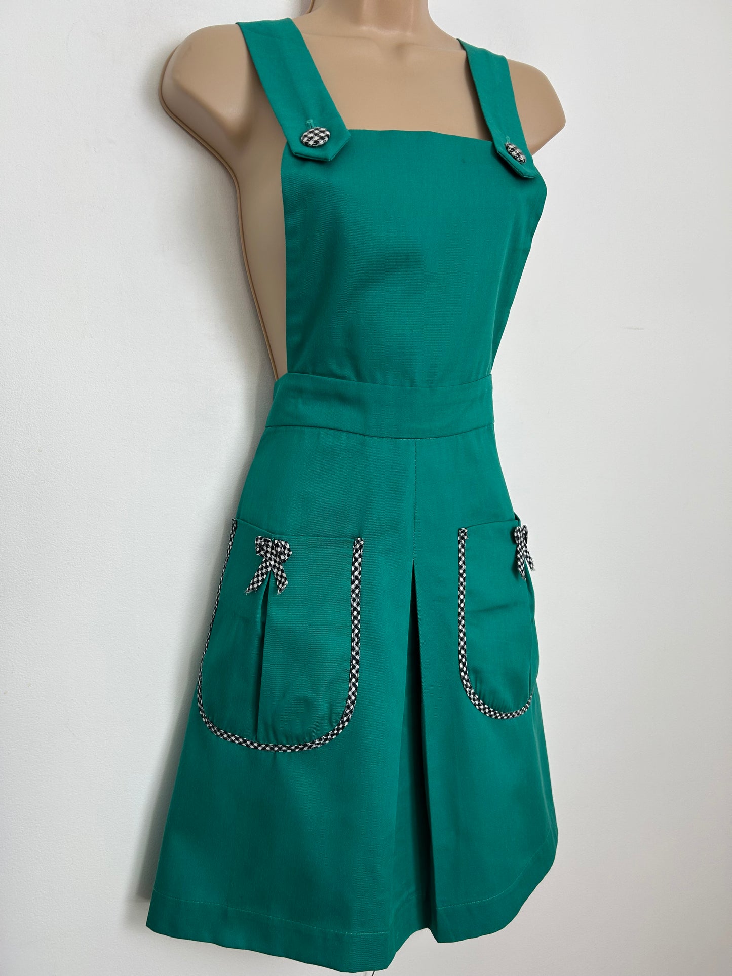 Vintage 1960s Size 10 Dark Green Check Bow Trim Cross Strap Pinafore Dress