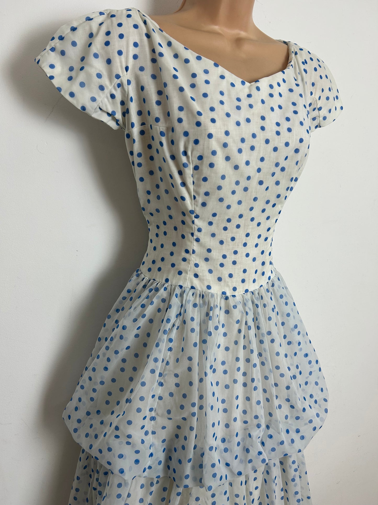 Vintage Late 1950s PECK & PECK Size 8 White & Blue Polka Dot Layered Party Prom Occasion Dress