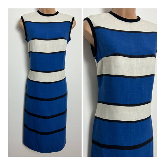 Vintage 1960s WENDY Size 8 Blue & White Horizontal Stripe Sleeveless Mod Shift Dress