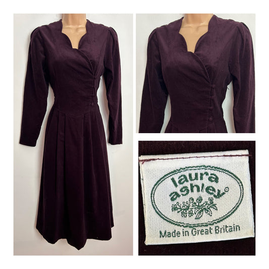Vintage 1980s LAURA ASHLEY UK Size 10 Plum Purple Cotton Corduroy Pleated Midi Dress