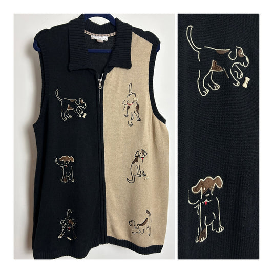 Vintage Y2K CJ BANKS Size 16/18 Black & Beige Cotton Mix Embroidered Dog Pattern Novelty Sleeveless Cardigan