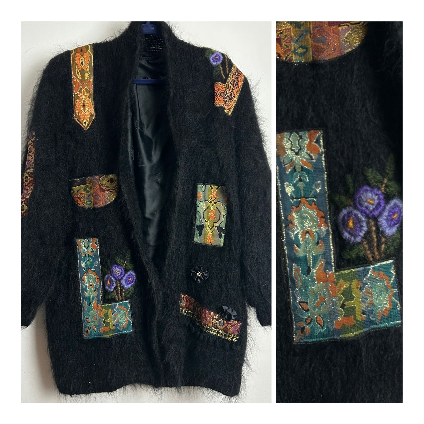 Vintage 1980s Up To Size 18 Black Wool Applique Detail Fully Lined Handmade Open Fronted Cardigan Coatigan