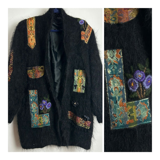 Vintage 1980s Up To Size 18 Black Wool Applique Detail Fully Lined Handmade Open Fronted Cardigan Coatigan