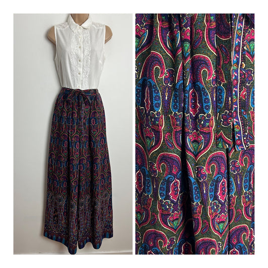 Vintage 1970s VERA MONT UK Size 6 Dark Green Dark Pink & Blue Floral Paisley Print Belted Maxi Skirt