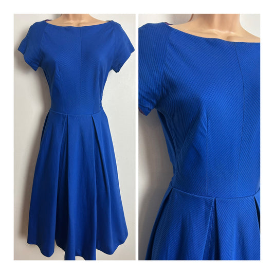 Vintage 1950s VICTOR JOSSELYN Size 6 Royal Blue Stripe Cotton Fabric Pleated Day Dress