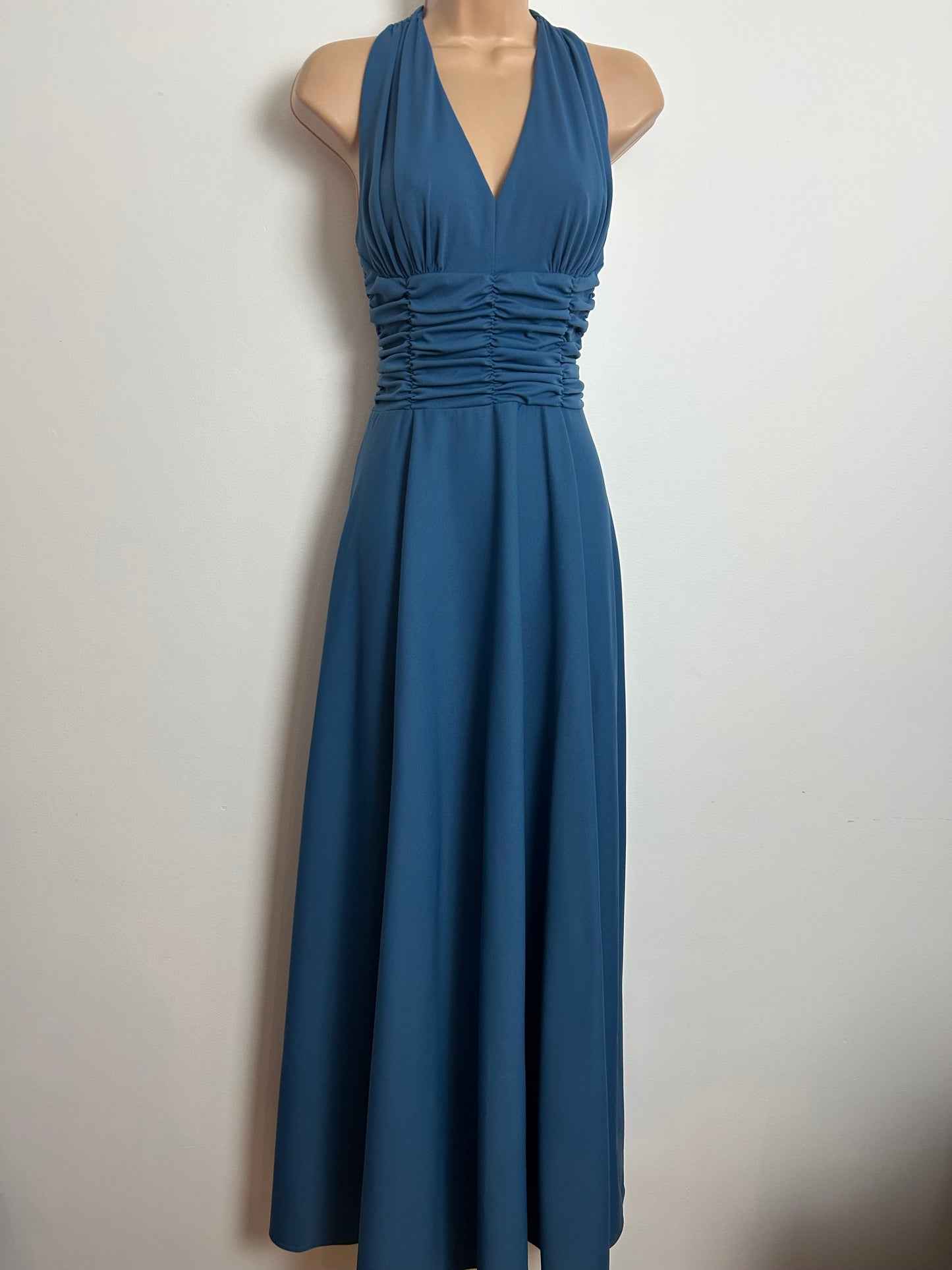 Vintage 1970s Size 6 Dusky Blue Strappy Cage Back Evening Occasion Maxi Dress