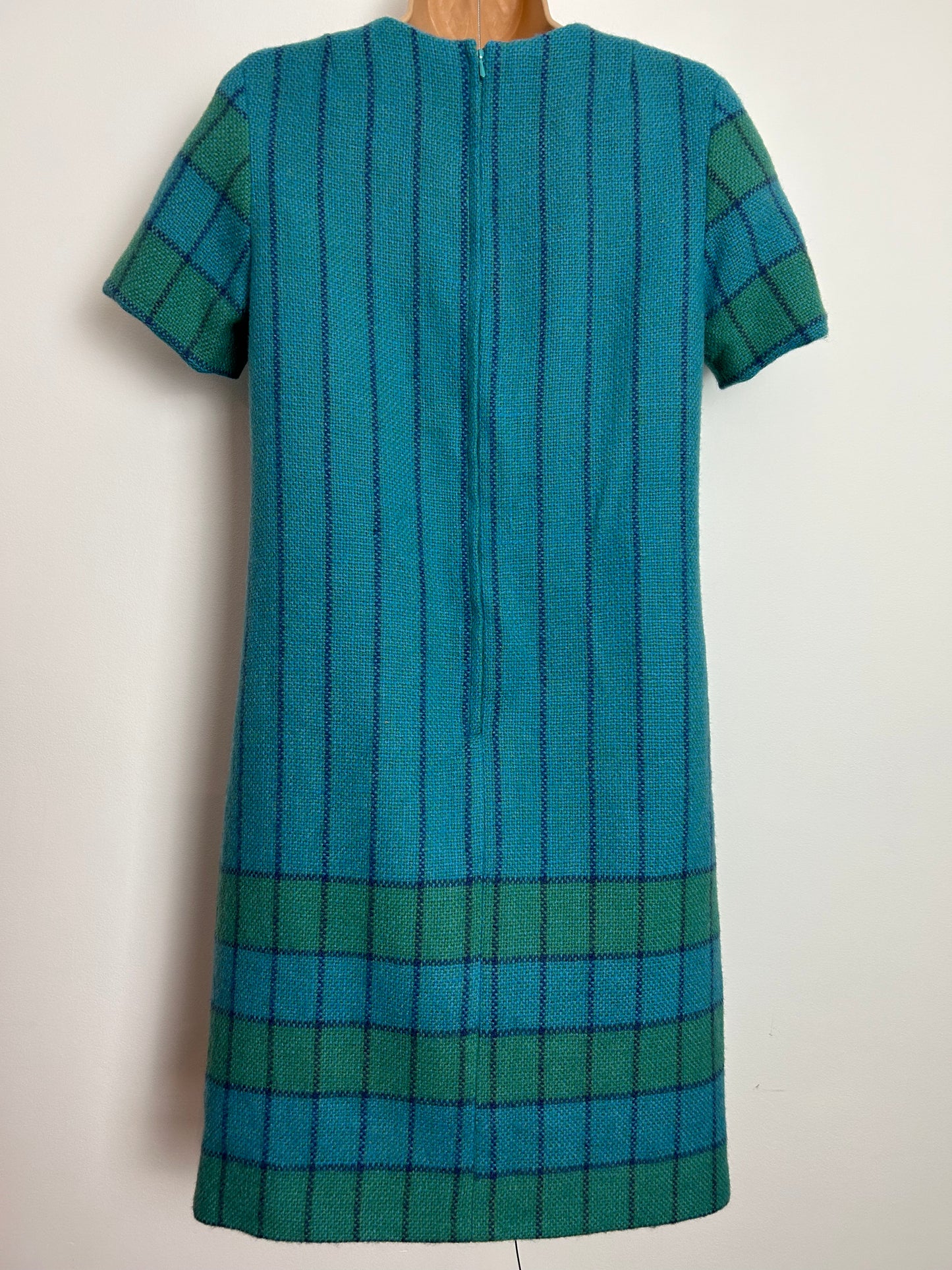 Vintage 1960s UK Size 10 Swedish JOHNSONS HEMSLOJD Blue & Green Stripe Check Pure New Wool Shift Dress