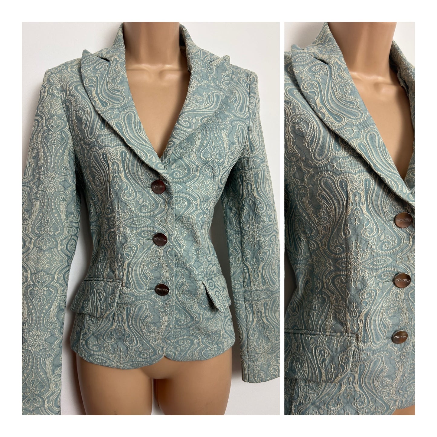 Vintage Y2K LISA TOSSA Size 10 Duck Egg Blue & Cream Embossed Pattern Jacket