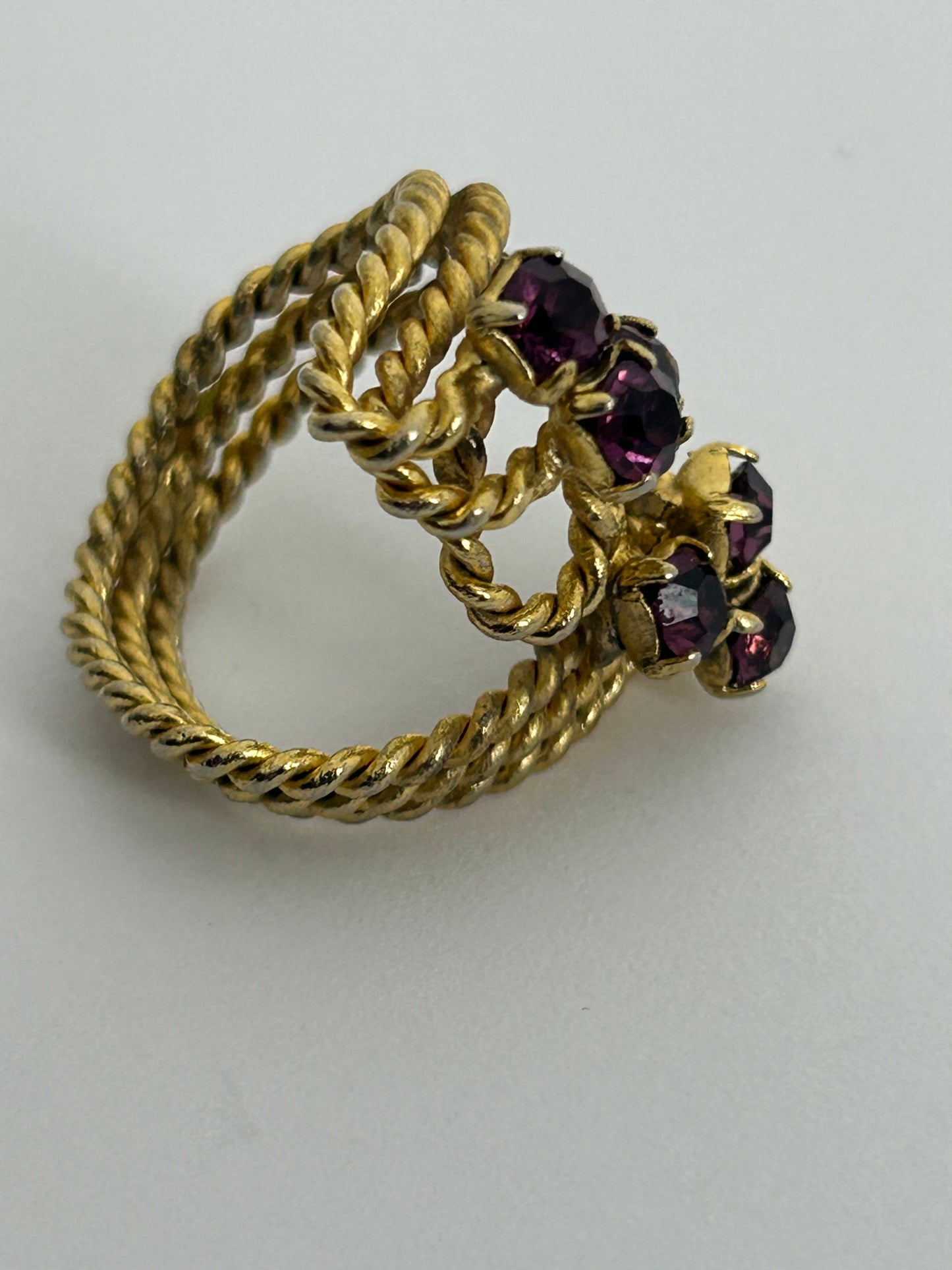 Vintage Gold Tone Base Metal Triple Strand Purple Diamante Stone Wrap Ring Size P