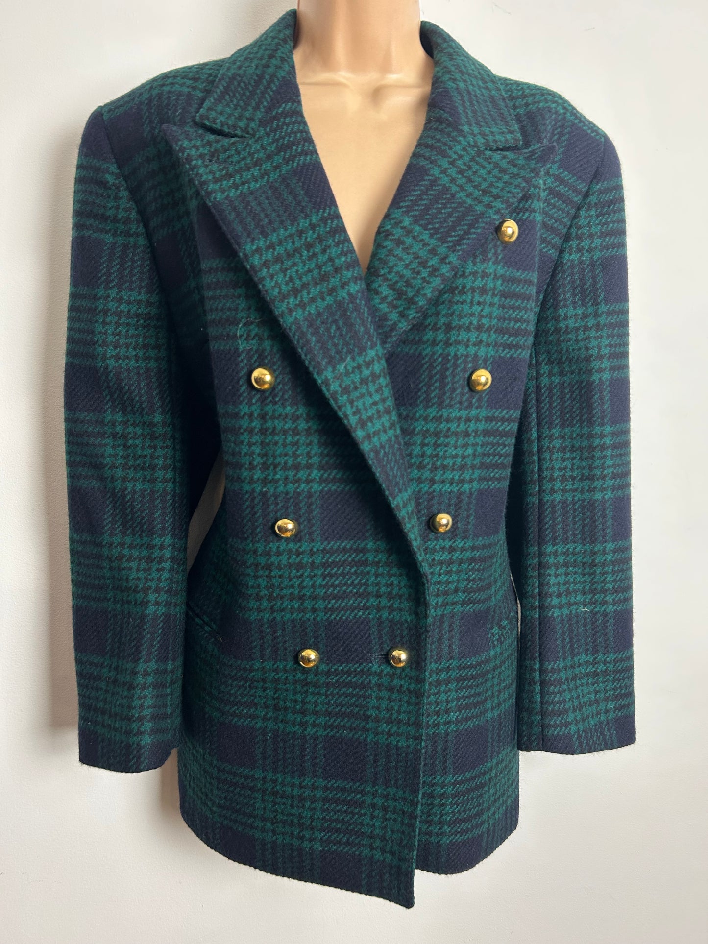 Vintage 1980s AKRIS CLUB Size 14 Green & Black Dogtooth Check 100% Wool Double Breasted Blazer