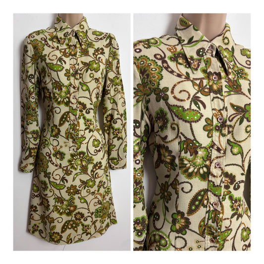Vintage 1970s UK Size 8 Cream Brown & Green Floral Print Long Sleeve Dagger Collar Mod Dress