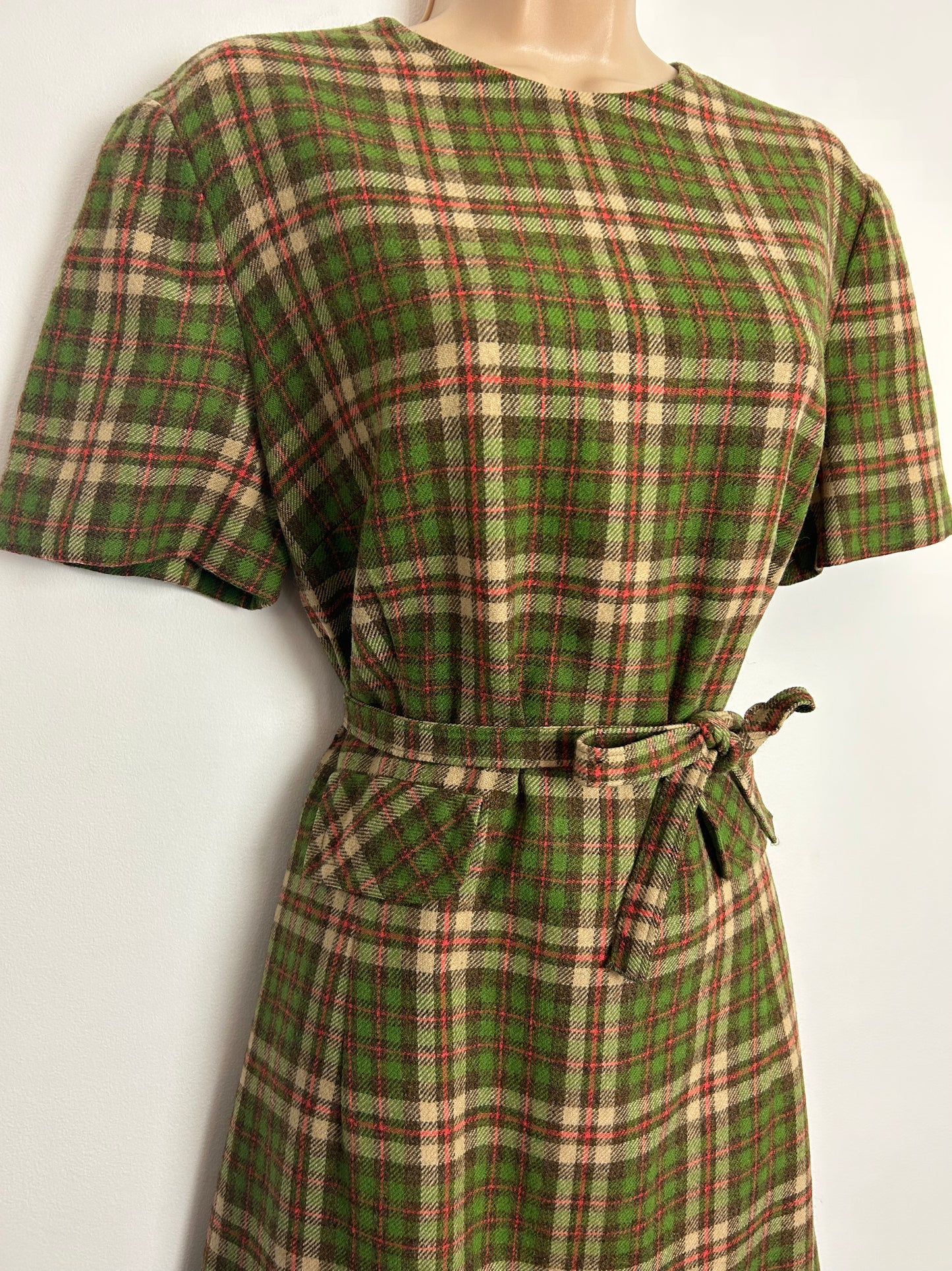 Vintage Early 1960s PENDLETON USA UK Size 14 Green Tartan Check 100% Virgin Wool Short Sleeve Belted Day Dress