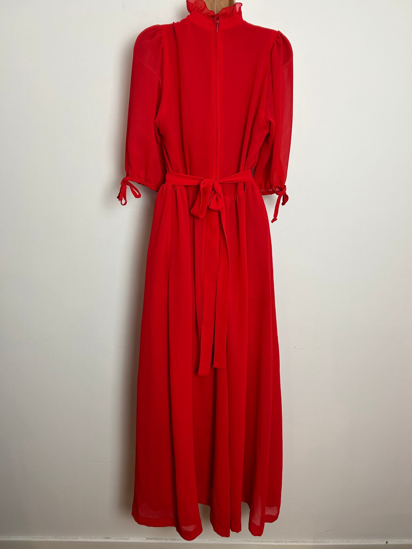 Vintage Early 1980s UK Size 10 Red Tie Back Mid Length Sleeve Tie Back Boho Maxi Dress