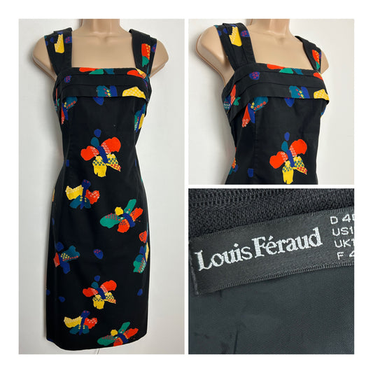 Vintage 1980s LOUIS FERAUD Size 12 Black Yellow Orange & Green Abstract Butterfly Print Cotton Summer Dress