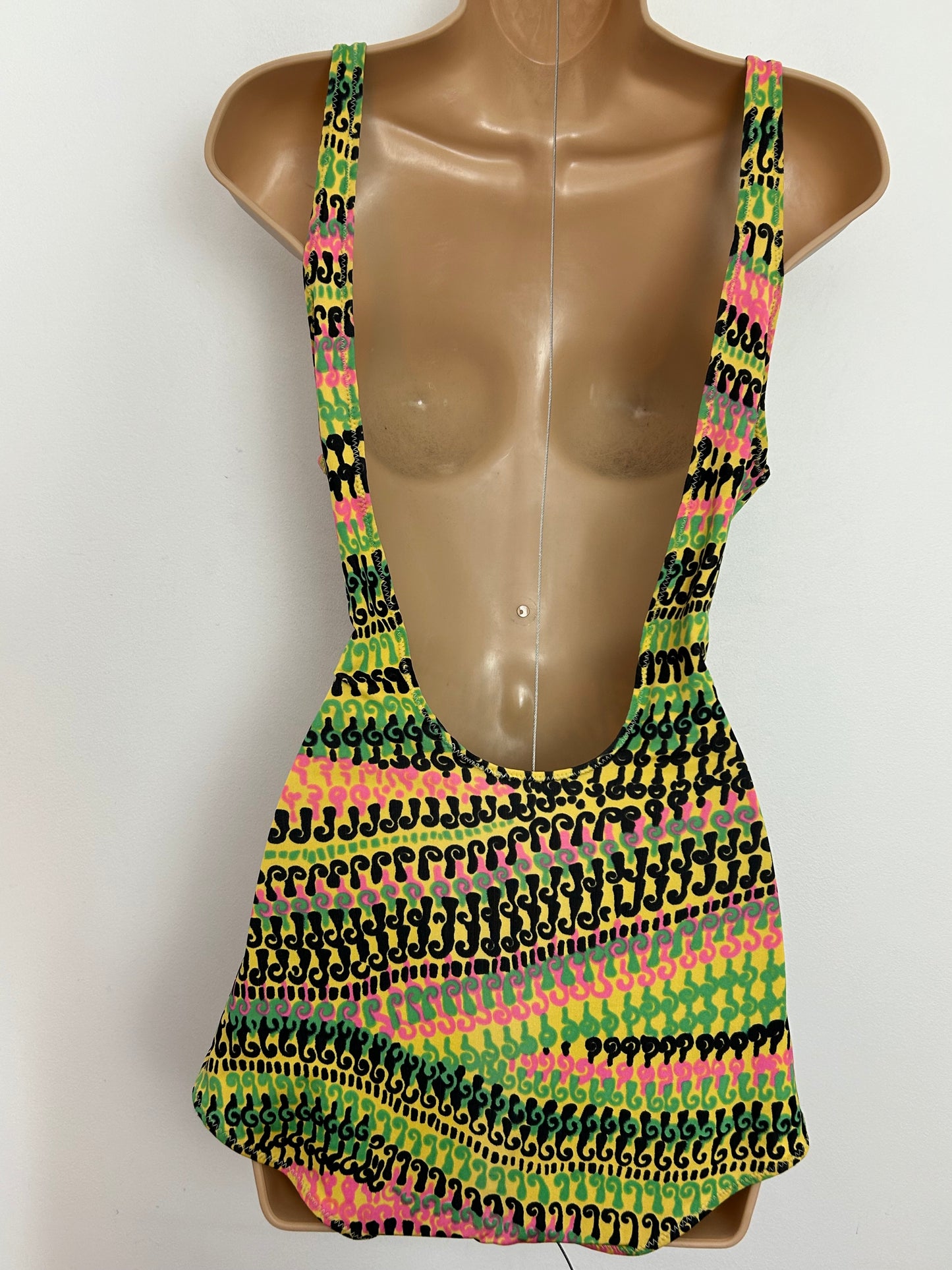 Vintage Late 1960s UK Size 12 Green Pink & Black Abstract Print Mock Belted Skirted Swimsuit