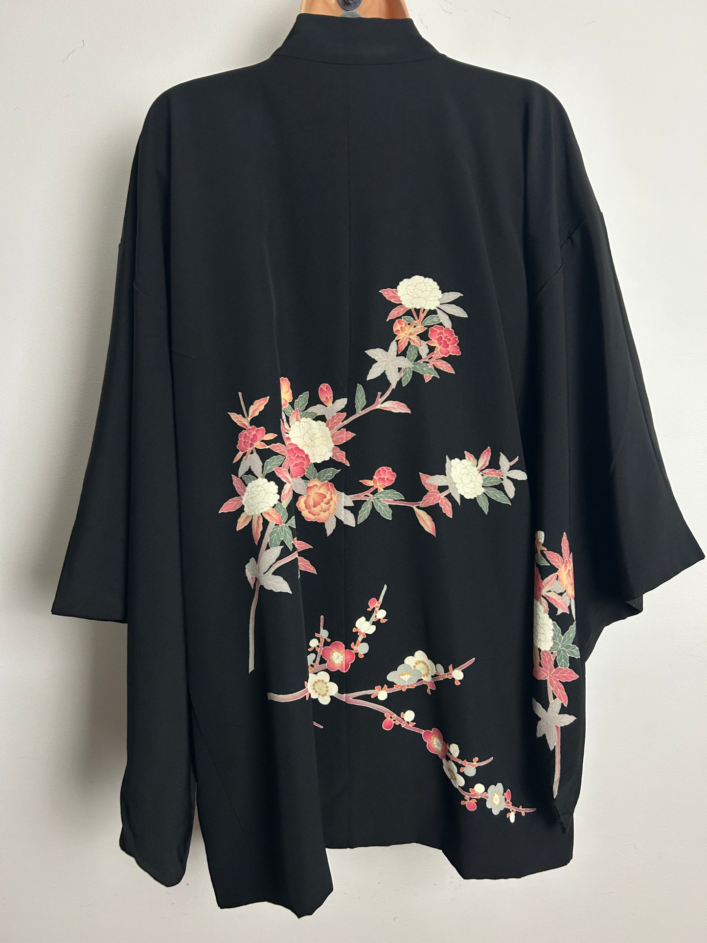 Vintage Up To Size 14 Beautiful Black Floral Print Traditional Japanese Haori Kimono Jacket