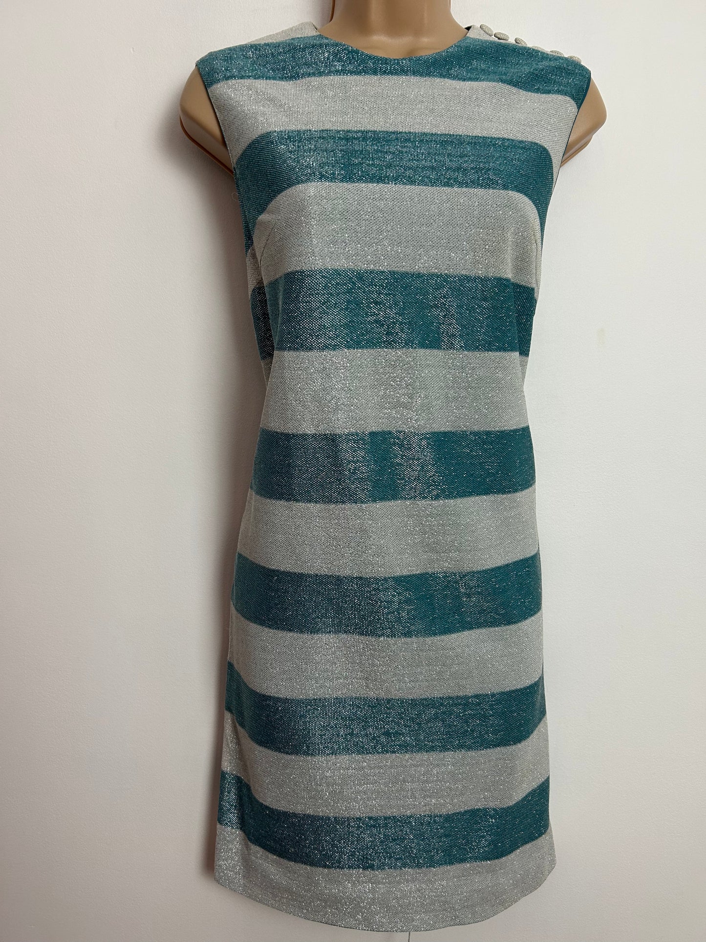 Vintage Early 1960s BLANES UK Size 10 Blue & Silver Stripe Lurex Mod Shift Party Dress