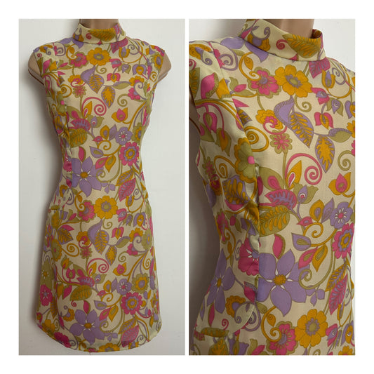 Vintage 1960s Size 8 Beige Green Pink Lilac & Orange Floral Print Mod Shift Dress