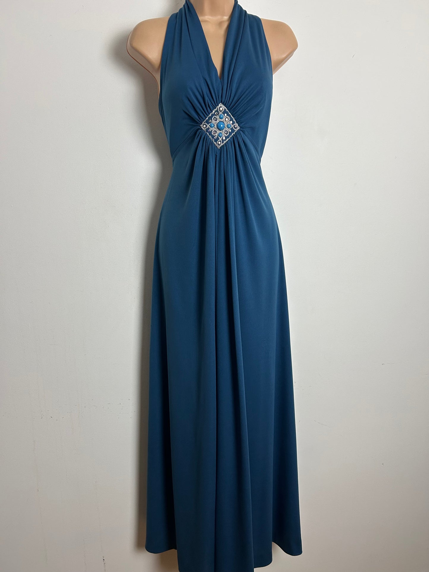 Vintage 1970s Size 8  Dusky Blue Braid Diamante & Bead Applique Detail Evening Maxi Dress