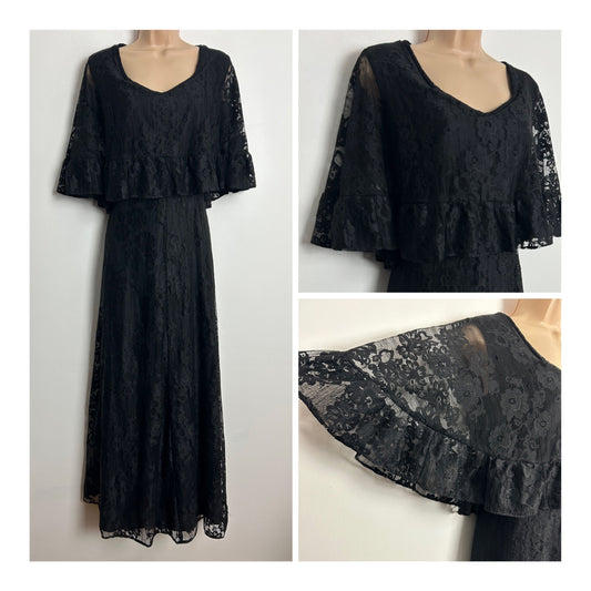 Vintage 1970s KATI AT LAURA PHILLIPS UK Size 10-12 Black Lace Caplet Boho Maxi Dress