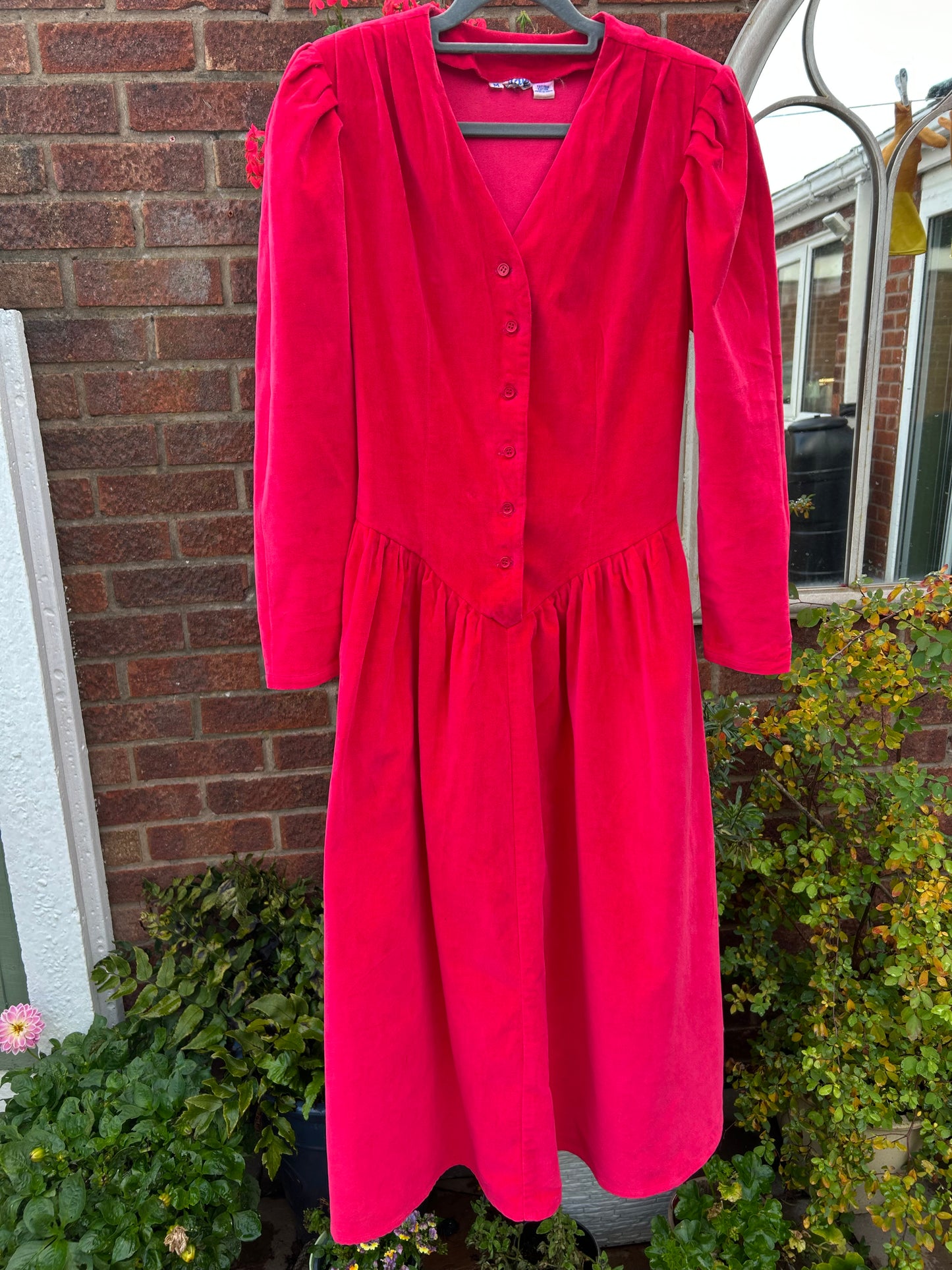 Vintage 1980s ADINI Size 8 Hot Pink Cotton Velvet Gather Pleated Midi Dress