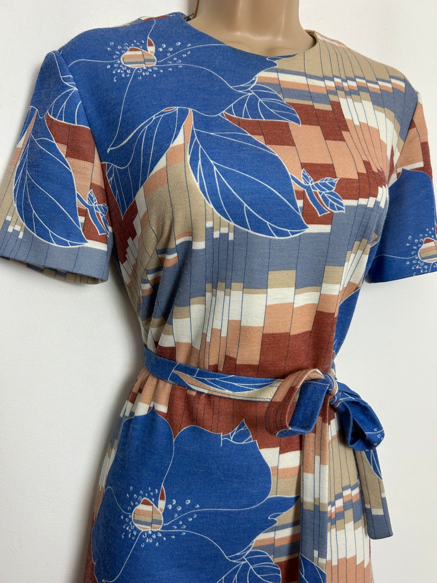 Vintage 1970s JORA MODELL Size 12 Blue Beige & Brown Geo & Floral Print Wool Mix Jersey Belted Day Dress