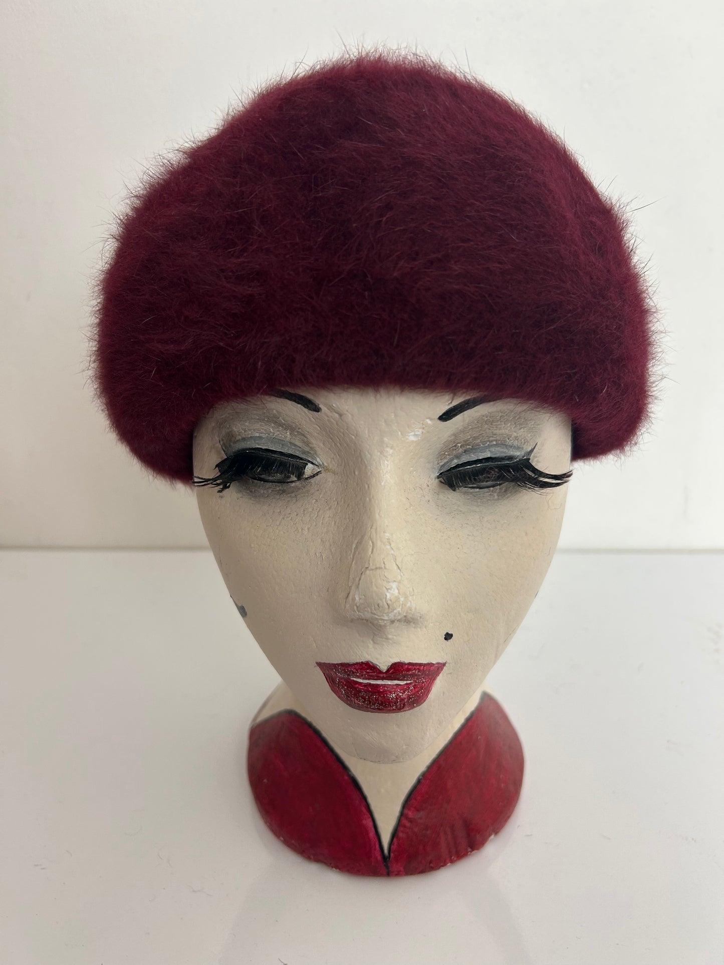 Vintage 1960s Maroon Angora Mix Pill Box Style Hat