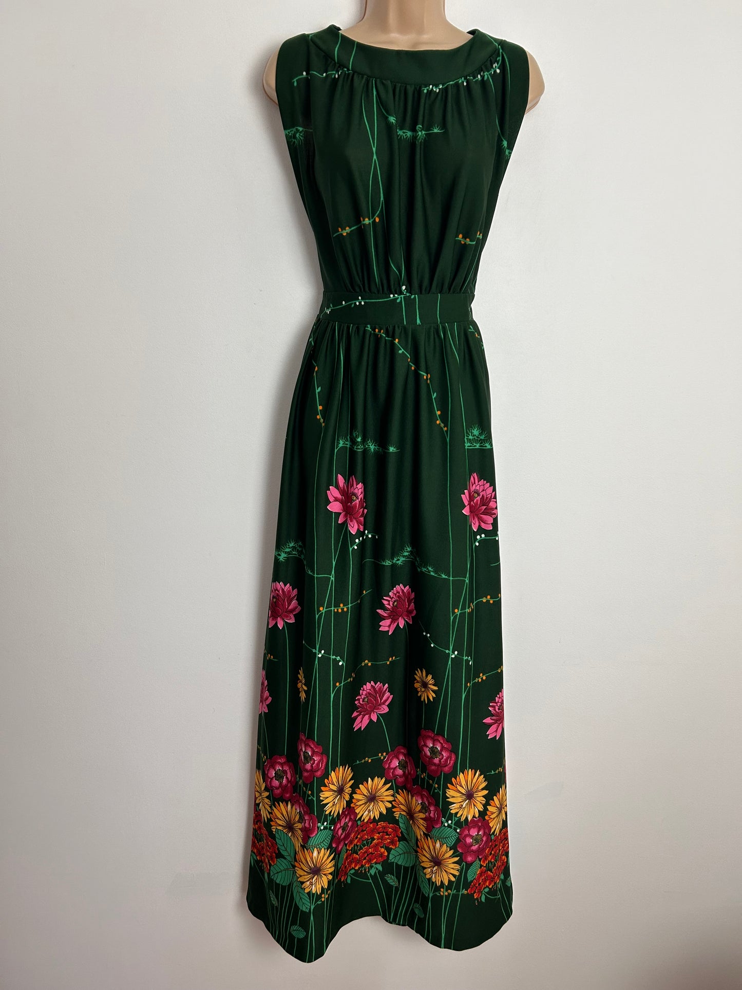 Vintage 1970s UK Size 12 Dark Green Pink & Orange Floral Print Sleeveless Maxi Dress