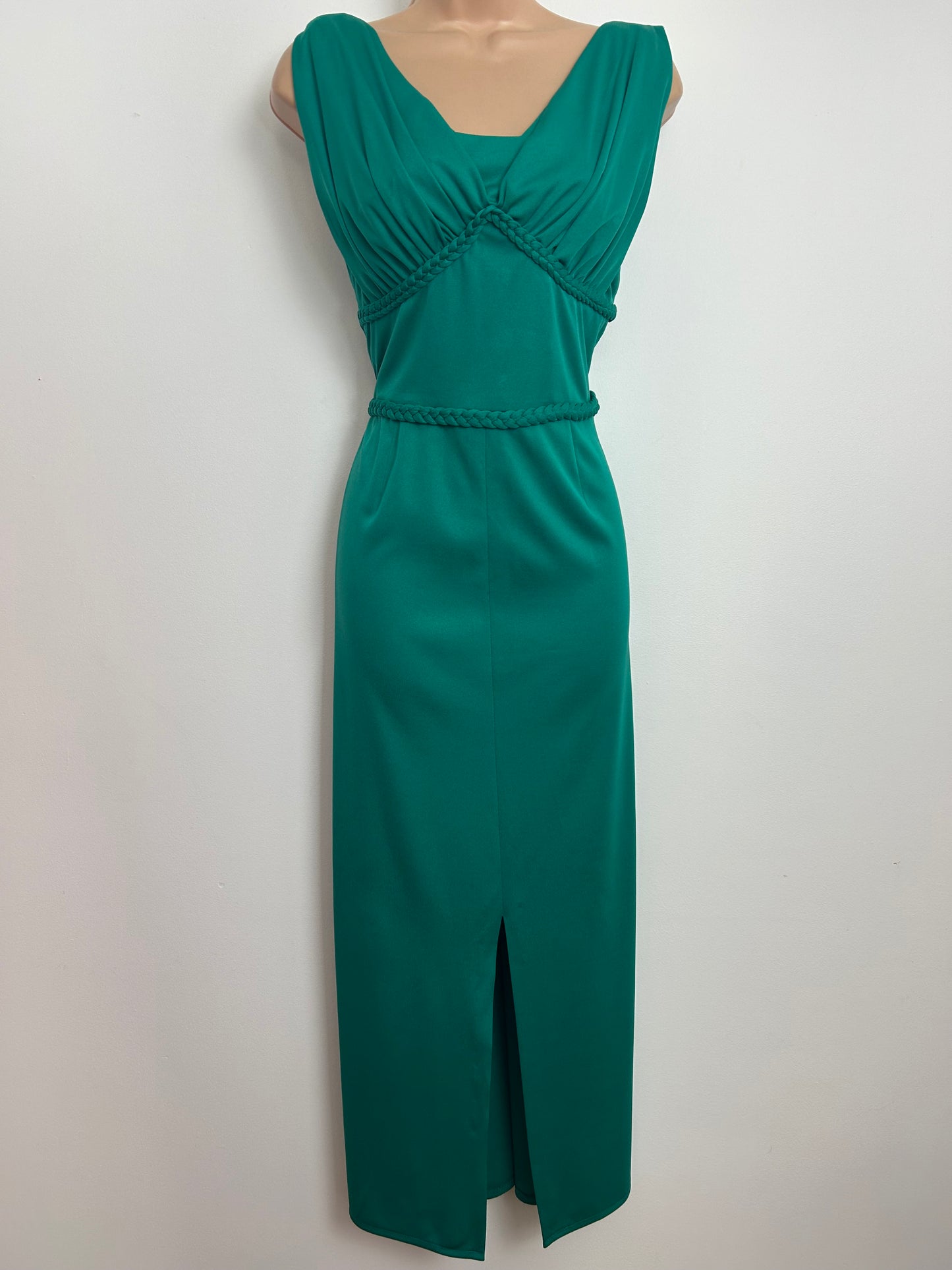 Vintage 1970s Size 10-12 Jade Green Plaited Trim Detail Occasion Midi Dress