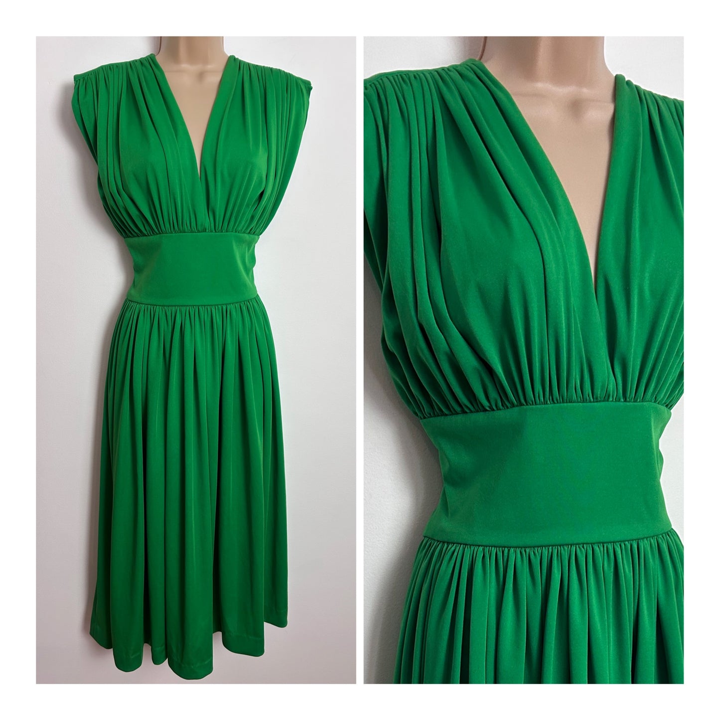 Vintage 1970s SAINT LORI UK Size 10 Emerald Green Gather Pleated Sleeveless Occasion Midi Dress