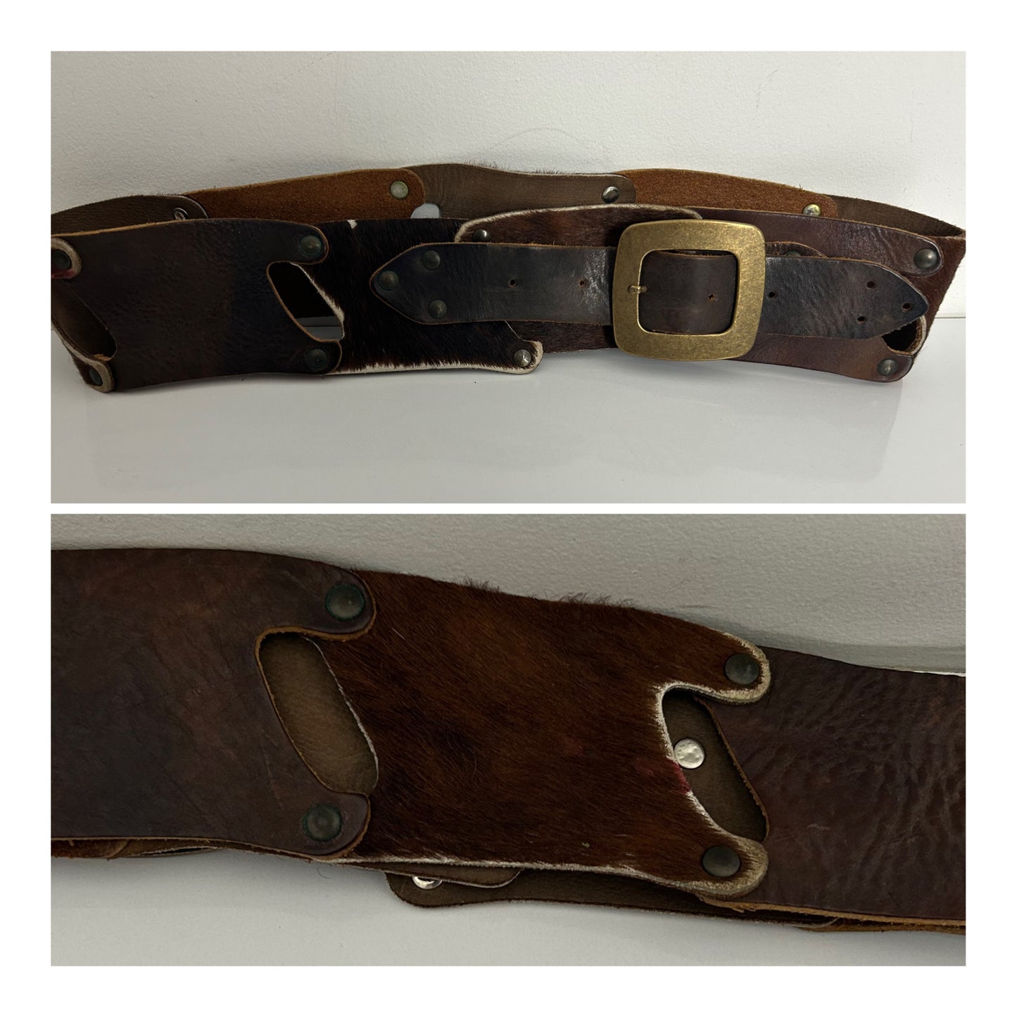 Vintage 1970s Real Leather & Hair On Hide Panels Western Cowgirl Wide Belt 32" Waist