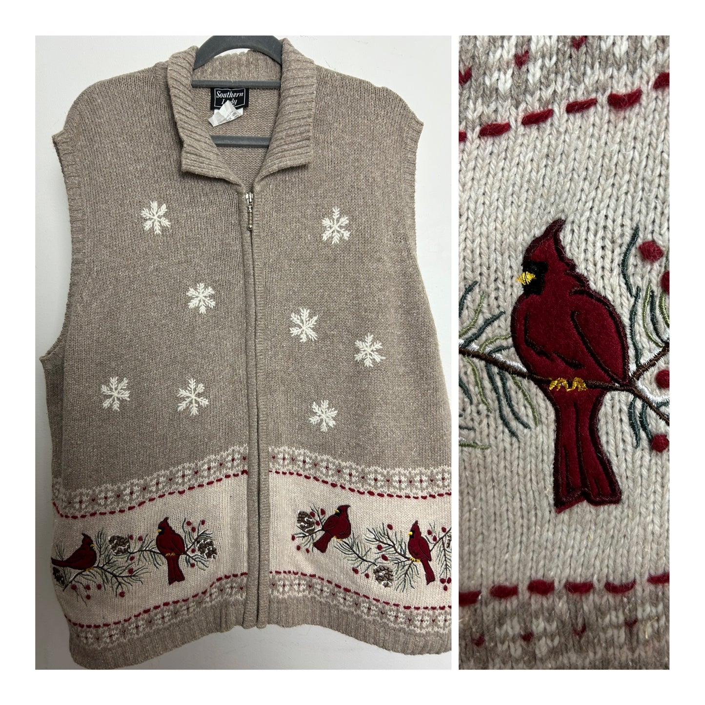 Vintage SOUTHERN LADY Size XL 16 Ramie Mix Beige Tones Bird Pattern Sleeveless Cardigan