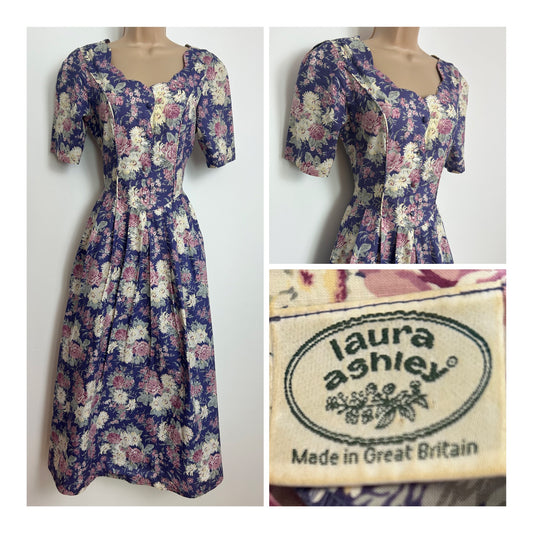 Vintage 1980s LAURA ASHLEY Size 8 (Size 10) Purple & Dusky Pink Floral Print Cotton Tea Dress
