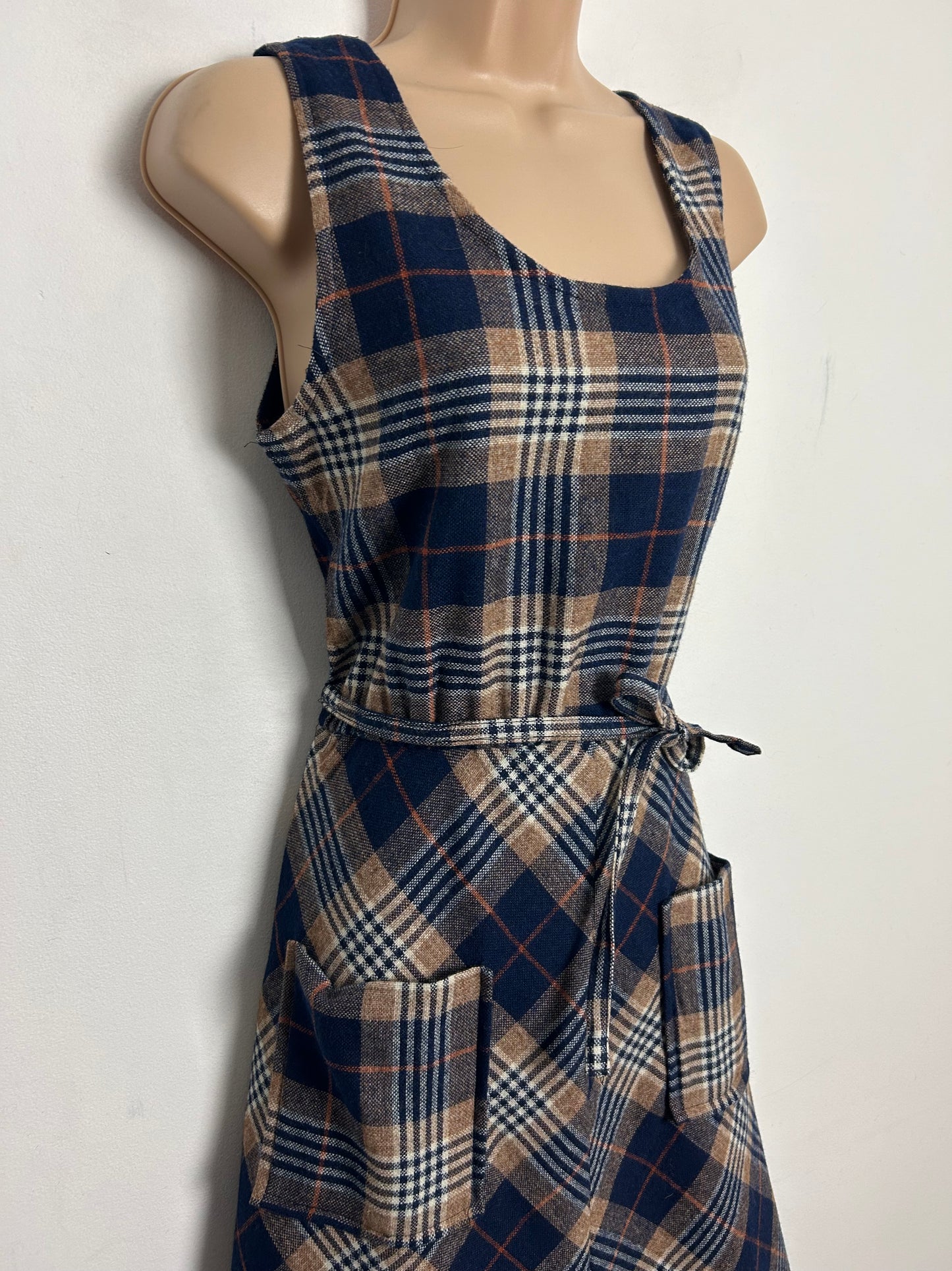 Vintage 1970s UK Size 8-10 Dark Blue & Beige Check Print Wool Mix Belted Fit & Flare Dress