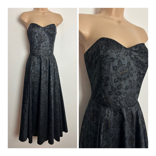 Vintage 1980s LAURA ASHLEY UK Size 10 (Size 16 On Label) Dark Grey Floral Strapless Party Dress Ballgown