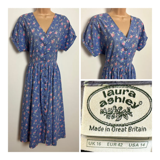 Vintage 1980s LAURA ASHLEY Size 14 Blue & Pink Floral Print Short Sleeve Cotton Day Dress